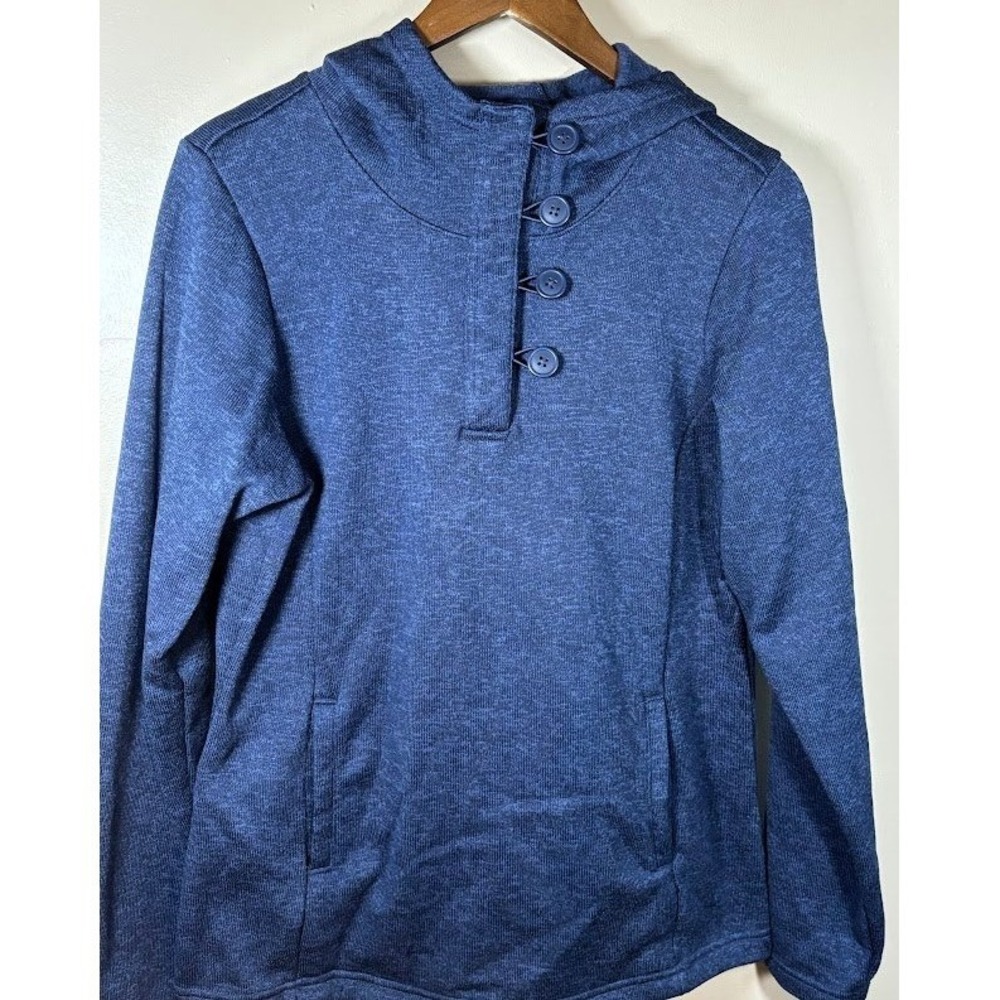 Columbia Womens Navy Blue Heather Button Neck Fleece Hoodie Sweater XL